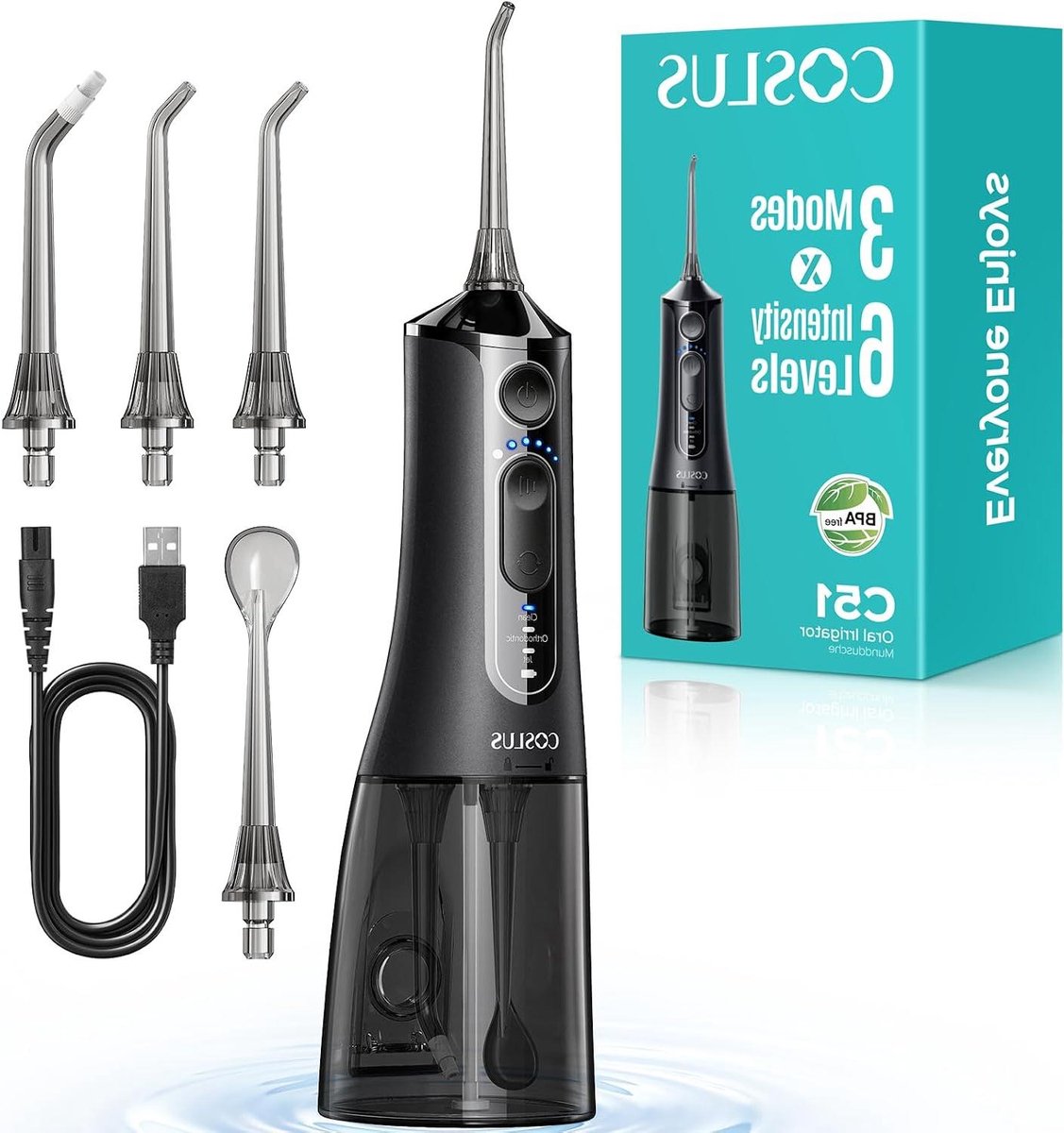 Draagbare Monddouche - Water Flosser - Mondhygiëne Verbeteren - Inclusief Batterijen - 21.6 cm Hoog - Zwart