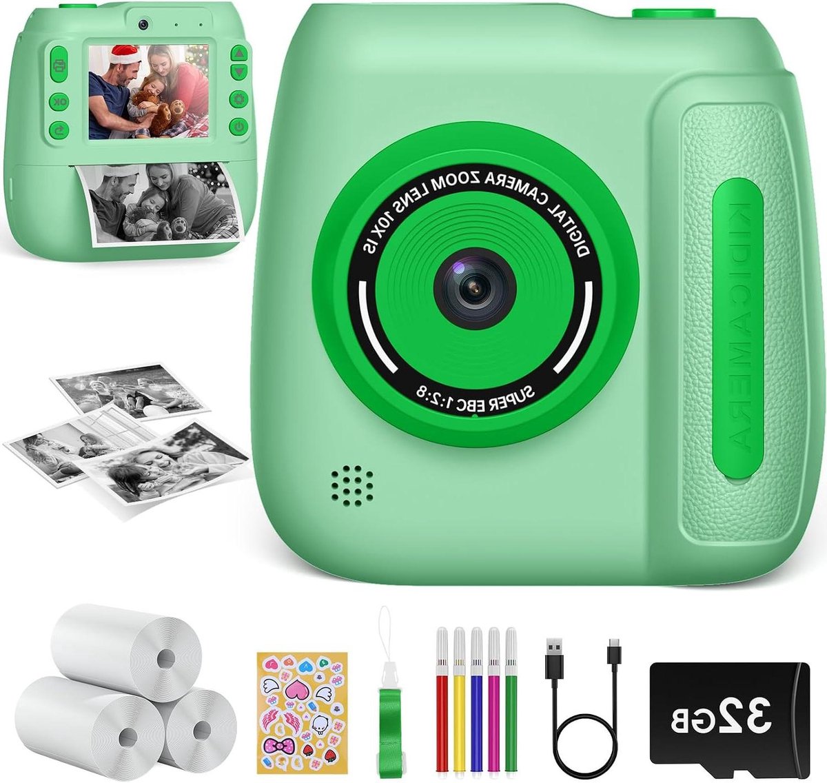 Kinder Camera - Direct Print Camera - Creatief Spelen - Direct Print Functie - 32GB Kaart Inbegrepen - Groen