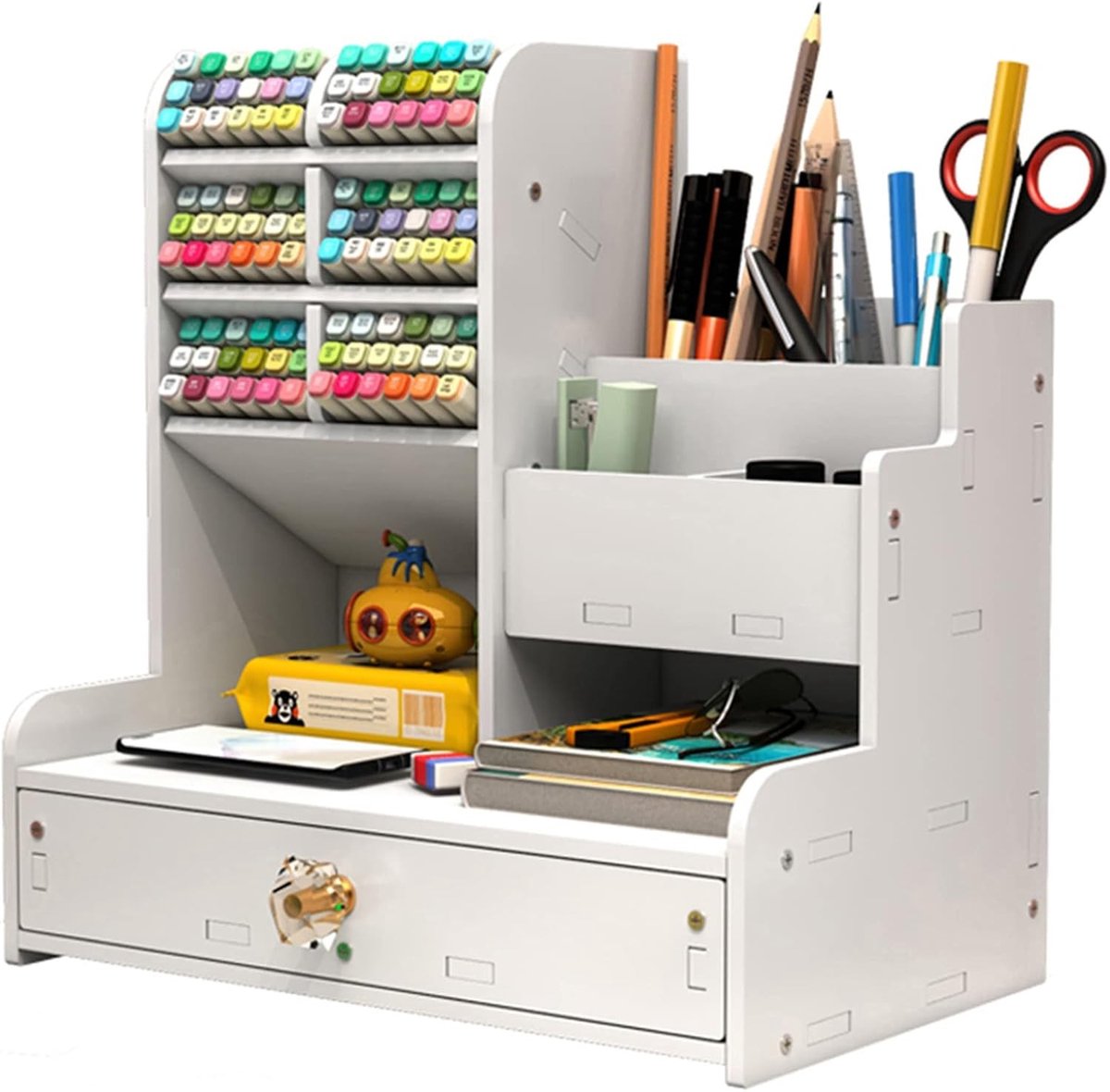 Multifunctionele Houten Pennenhouder en Bureau Organizer voor Thuis, Kantoor en School met Lade en Ruimte voor Kantoorbenodigdheden
