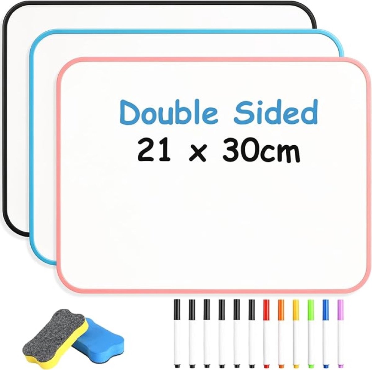 3 Stuks A4 Whiteboard Set 30x21cm Dubbelzijdig - Met 12 Stiften en 3 Wissers - Droog Uitwisbaar