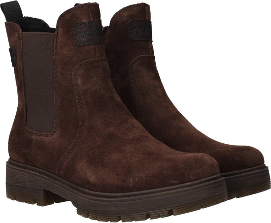 Bruine suède Rieker chelseaboots met elastische zijpanelen.