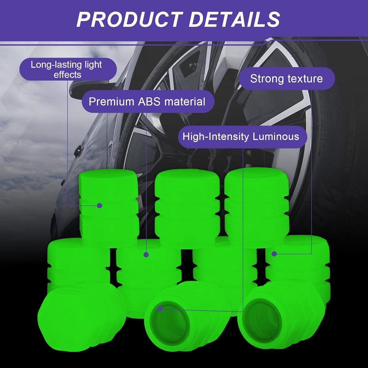 Set van 4 Luminous Ventieldoppen voor Auto's, Motoren en Fietsen - Fluorescerende Ventieldoppen in Groen voor Veiligheid en Stijl