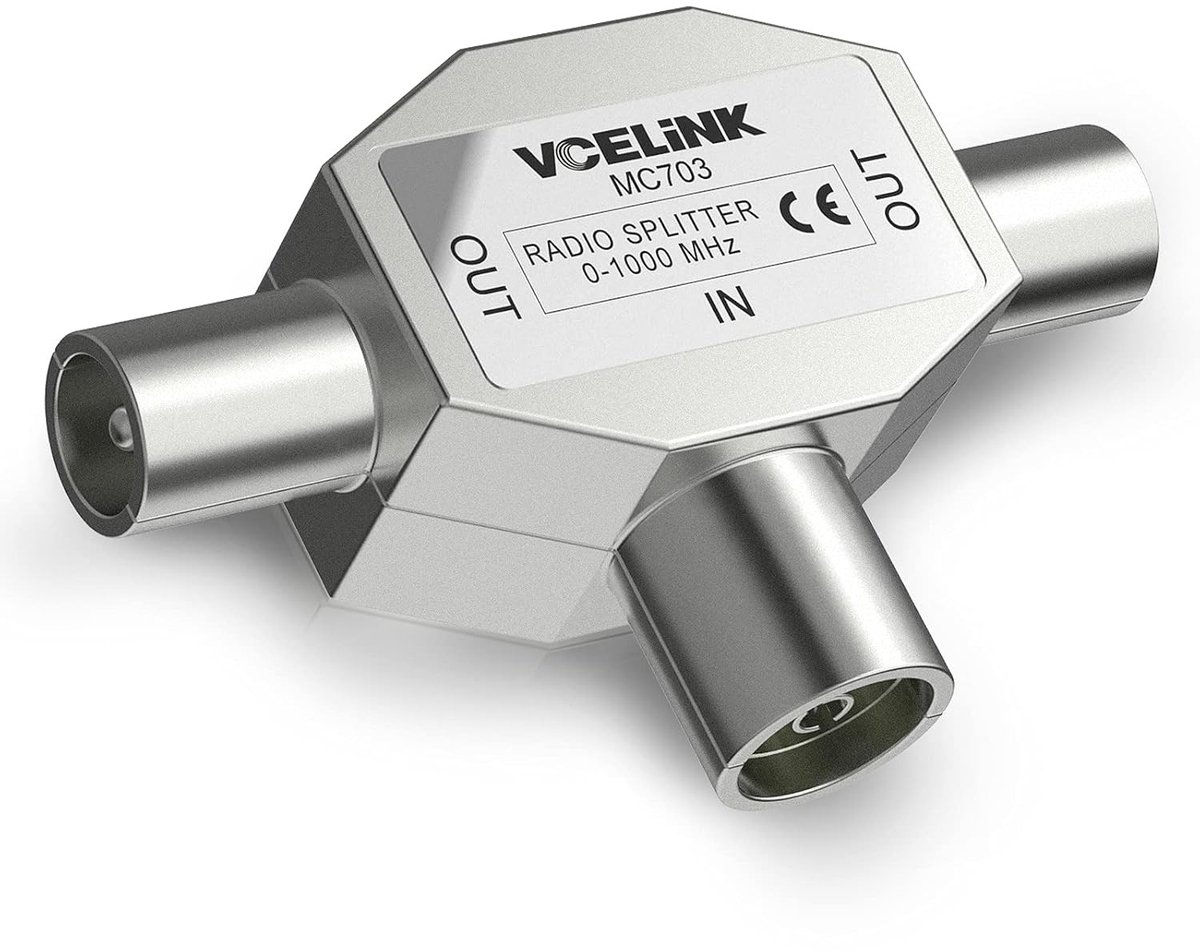 Antenne verdeler 2-gang voor digitale en kabel TV, T-adapter met 2 coaxiale aansluitingen, afgeschermde metalen behuizing, frequentie 0-1000MHz, zilver, 1 stuk