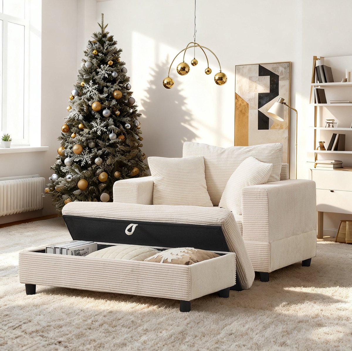 MODFU - Chaise Longue - Opbergvak - 3 Kussens - Modern - Beige - Cordstof