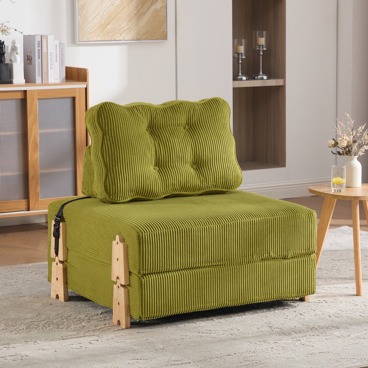 REDOM - Fauteuil - Opvouwbaar slaapbank - Handmatig verstelbaar - Corduroy bekleding - Scandinavische stijl - Woonkamer of slaapkamer - Houten frame - Olijfkleurig - 90 x 86 x 84 cm