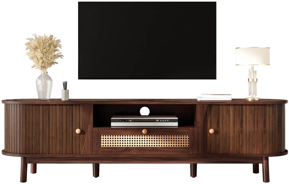 Emvae TV meubel - TV kast - Schuifdeuren - Rotan lade -Walnoothout - Scandinavisch - Japandi - 165 x 37 x 46 cm - MDF en spaanplaat - Walnootbruin