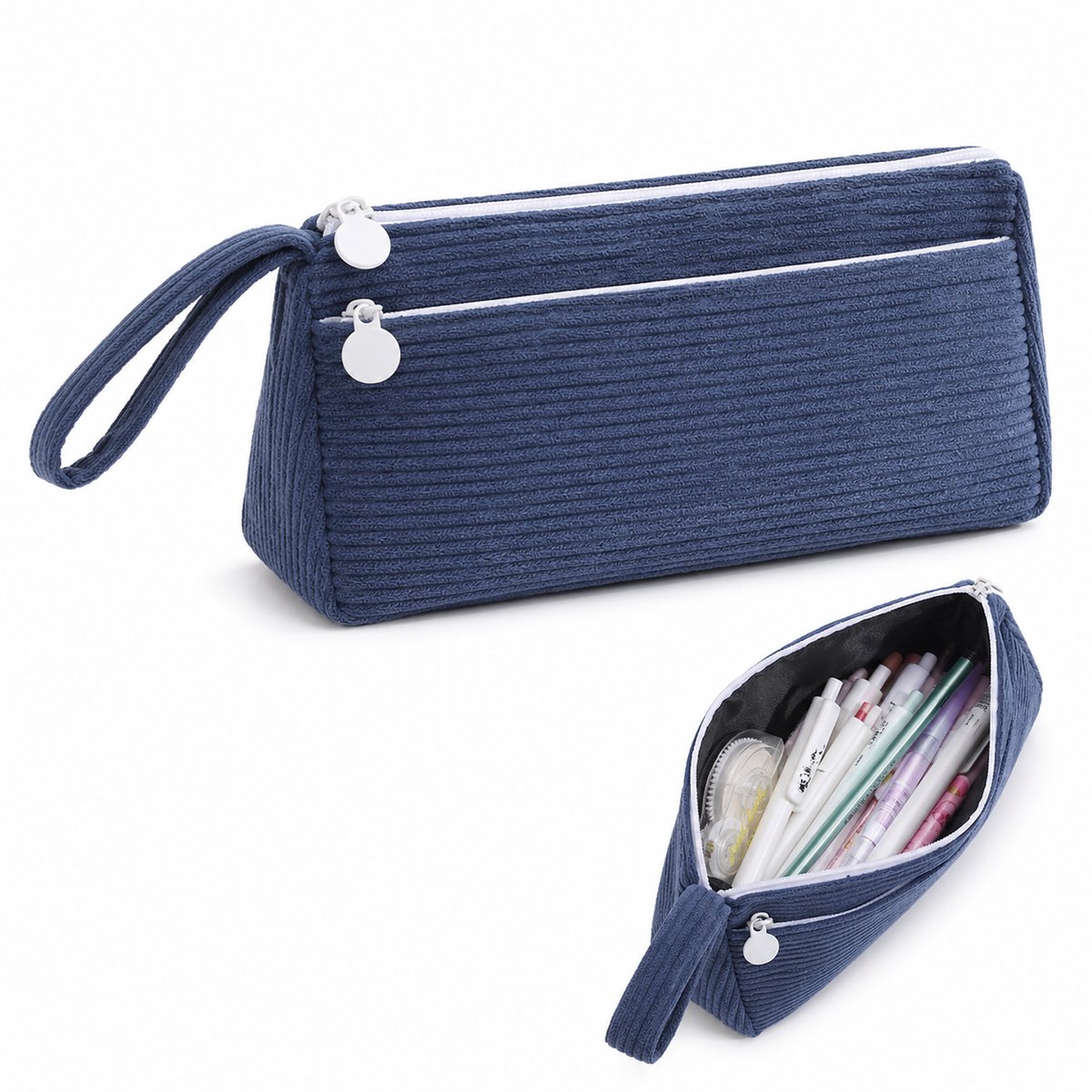 VHV -Corduroy Etui - Grote capaciteit Pennenetui -21.5 x 11 x 5.5 cm - Draagbaar Pencil case- Make-up Tas en Organizer - Voor School Examen, Kantoor -Blauw