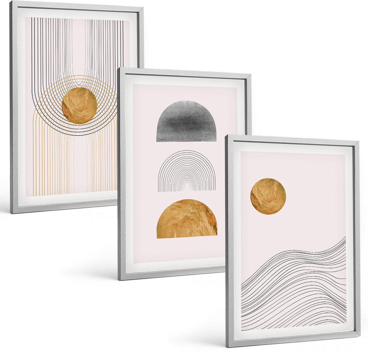 Coloray 3-Delige Schilderij Set - Abstracte Vormen En Lijnen In Beige En Grijze Tinten. - 40 x 60 cm - Decoratieve Muurdecoratie - Slaapkamer