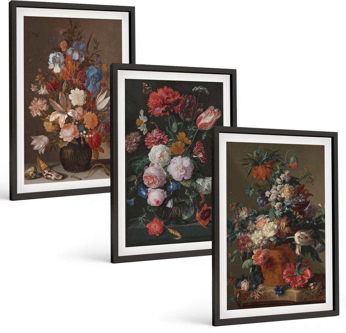 Coloray 3-Delige Schilderij Set - Bloemen In Vazen: Diverse Vintage Plantencomposities - 40 x 60 cm - Moderne Wanddecoratie - Slaapkamer - Interieur Decoratie