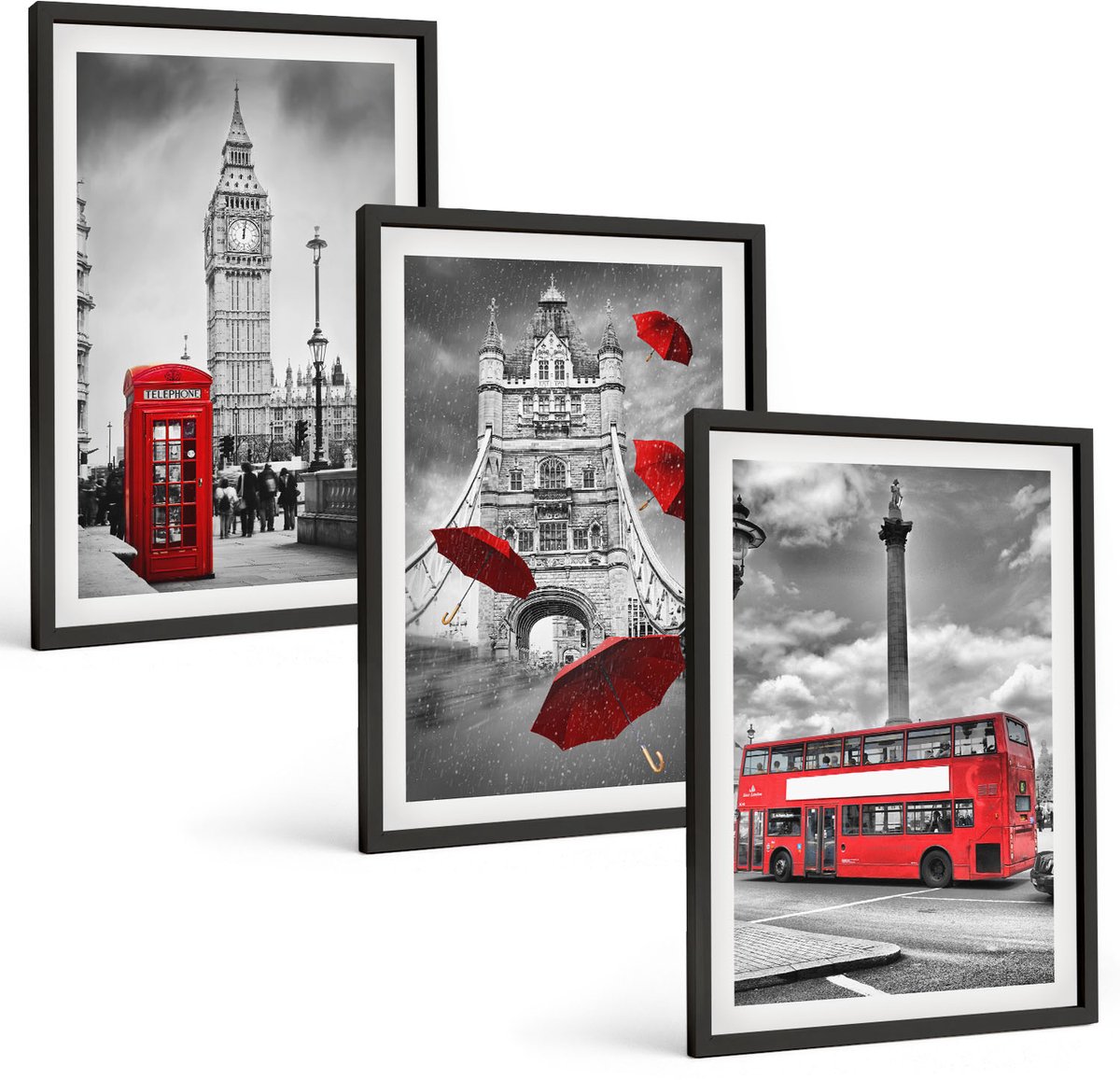 Coloray 3-Delige Schilderij Set - Uitzicht Op Londen Met Een Rode Paraplu En Een Bus. - 40 x 60 cm - Moderne Wanddecoratie - Woonkamer - Decoratieve Schilderijen