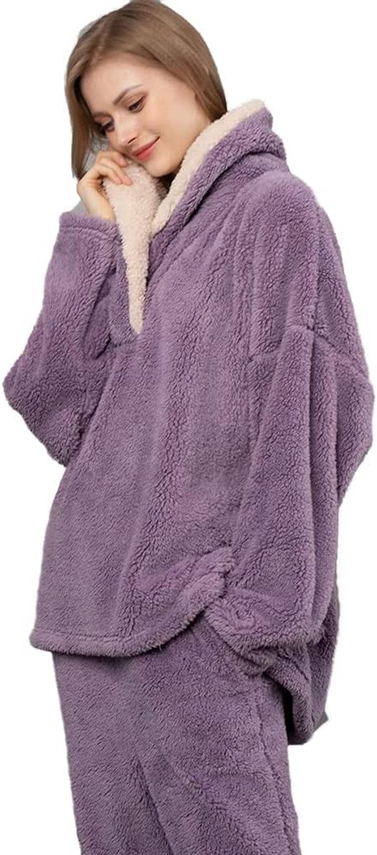 Iyoimono Pyjama voor dames 2-delige set pyjama met lange tops en broek polar fleece huispak knuffelig en warm flanel nachtkleding pyjama voor vrouwen flanel fleece voor winter slaapkleding