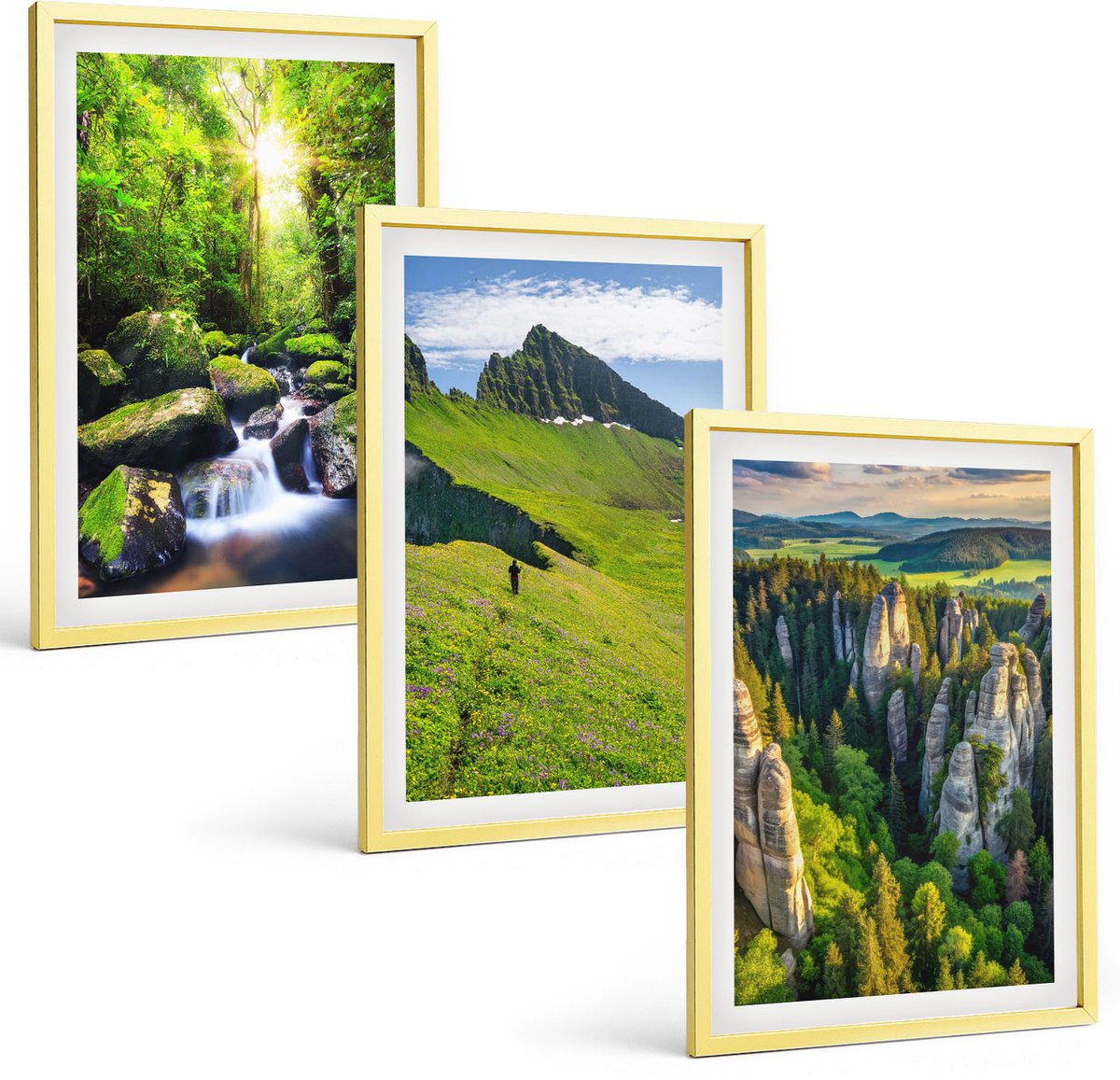 Coloray 3-Delige Schilderij Set - Groene Bossen Met Zonnestralen En Een Bospad - 40 x 40 cm En 40 x 60 cm - Moderne Wanddecoratie - Woonkamer - Decoratieve Schilderijen