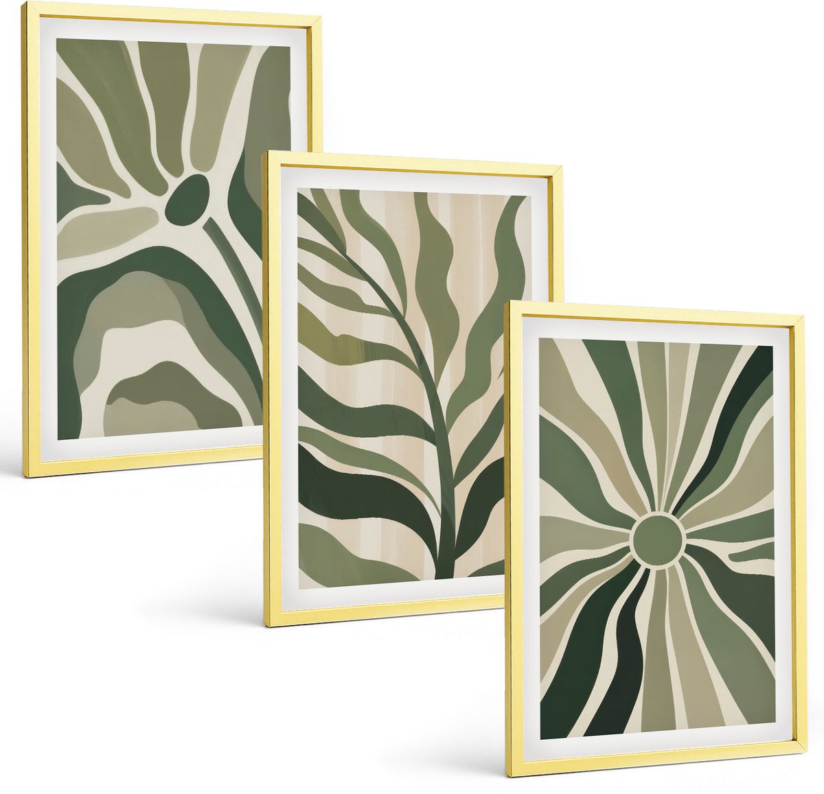 Coloray 3-Delige Schilderij Set - Plantenpatronen In Minimalistische Groene Tinten - 40 x 40 cm En 40 x 60 cm - Stijlvolle Muurdecoratie - Kantoor - Woonkamer Decoratie