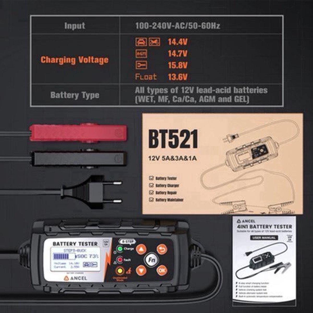 Acculader 12V – Batterijlader – Accu Tester – Accu Onderhoud – 8-Stappen Laadproces – IP65 Waterdicht – Automatische Herstelfunctie