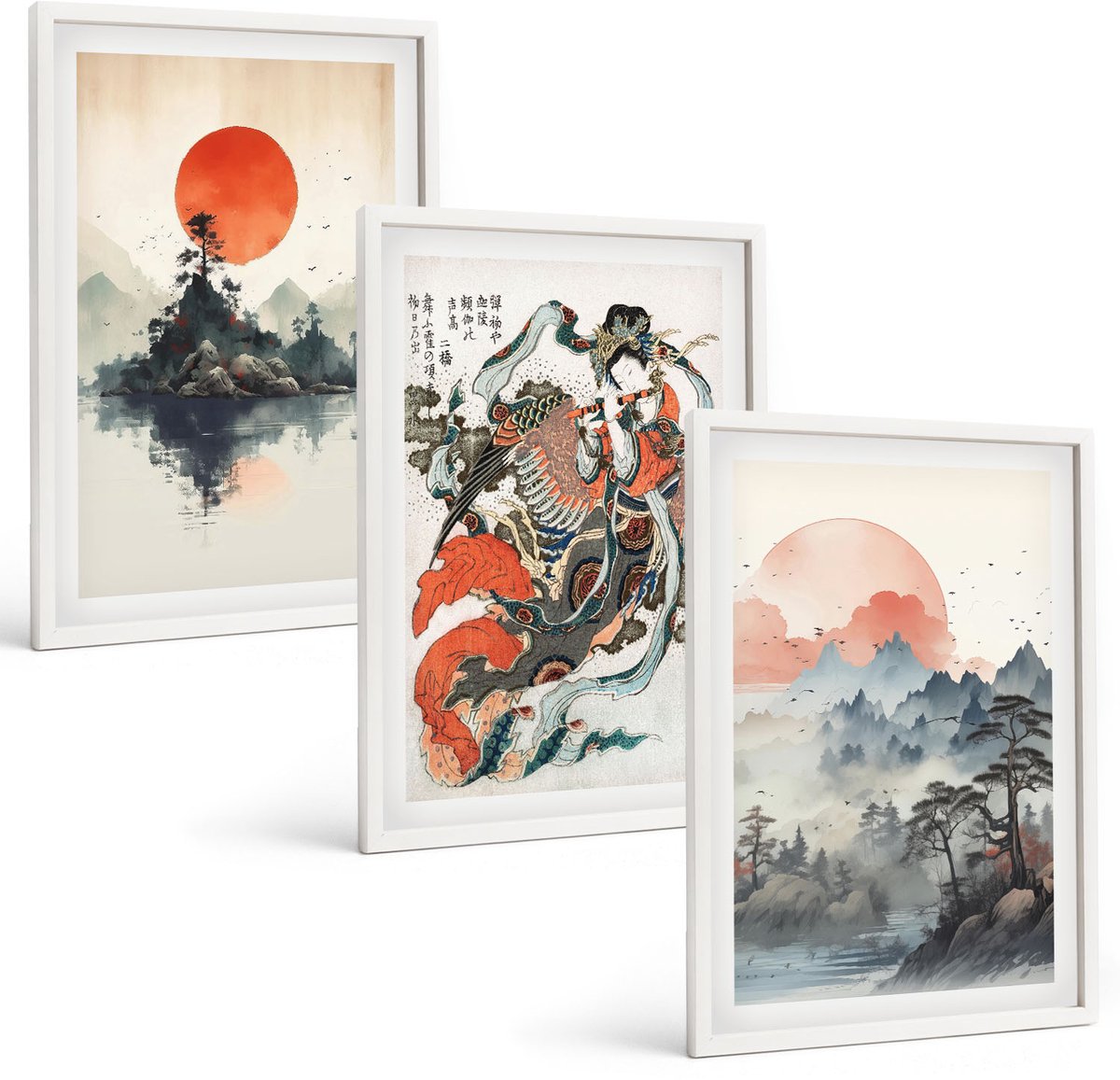 Coloray 3-Delige Schilderij Set - Aziatische Schilderijen: Landschappen En Portretten In De Japandi-Stijl. - 40 x 60 - Wanddecoratie - Schilderijen Set - Kantoor - Interieur Decoratie