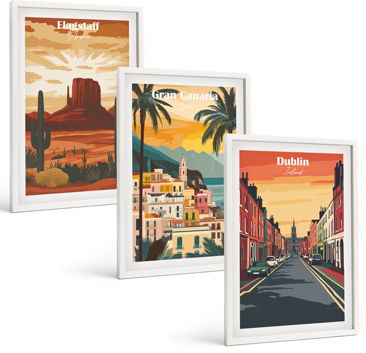 Coloray 3-Delige Schilderij Set - Stads- En Natuurlandschappen In Warme Kleuren - 40 x 60 - Muurdecoratie - Wanddecoratie - Hal