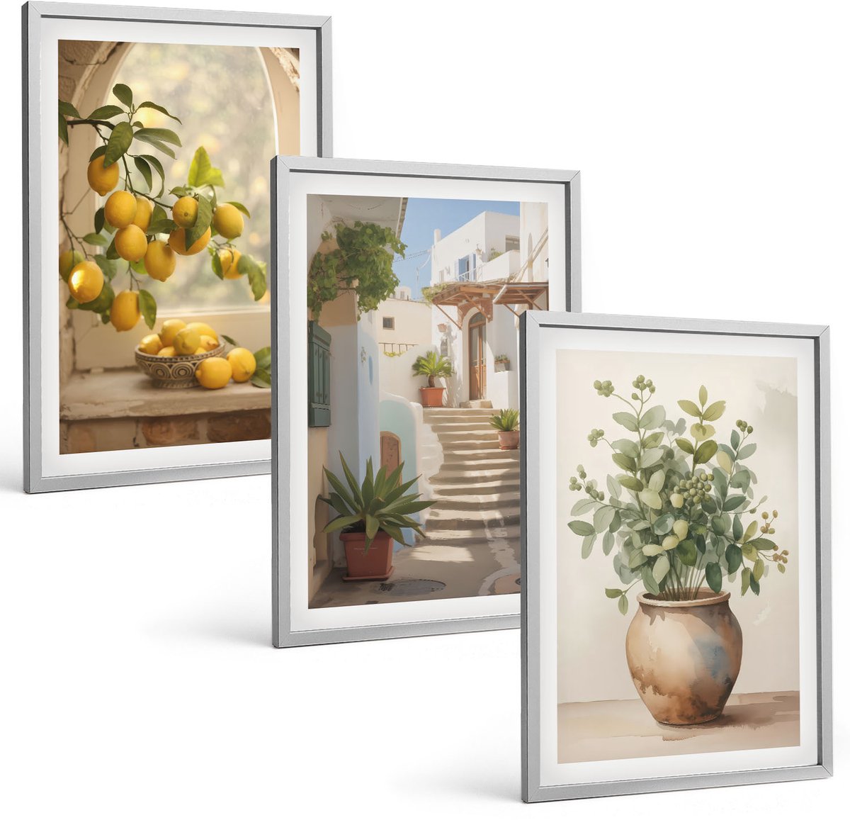 Coloray 3-Delige Schilderij Set - Citroenen In Een Vaas En Planten In Een Witte Architectuur - 40 x 60 cm - Muurdecoratie - Schilderijen Set - Woonkamer