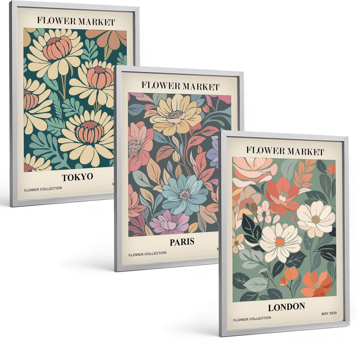 Coloray 3-Delige Schilderij Set - Bloemenposters Tokio Parijs Londen - 40 x 60 cm - Wanddecoratie - Muurdecoratie - Woonkamer