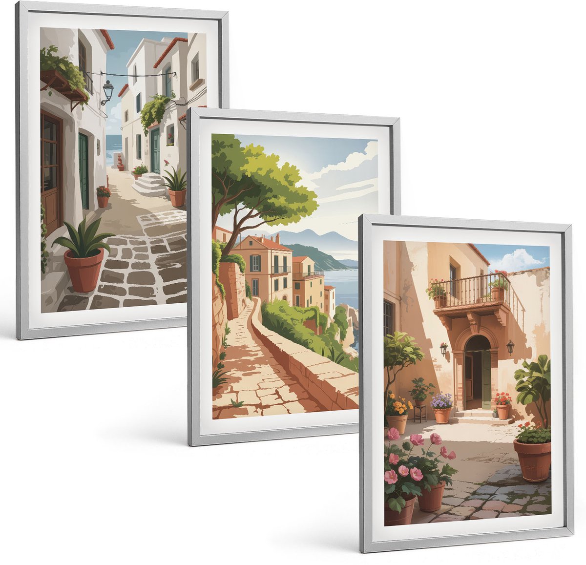 Coloray 3-Delige Schilderij Set - Schilderachtige Straatjes Met Huizen En Potplanten. - 40 x 60 cm - Muurdecoratie - Interieur Decoratie - Stijlvolle Muurdecoratie