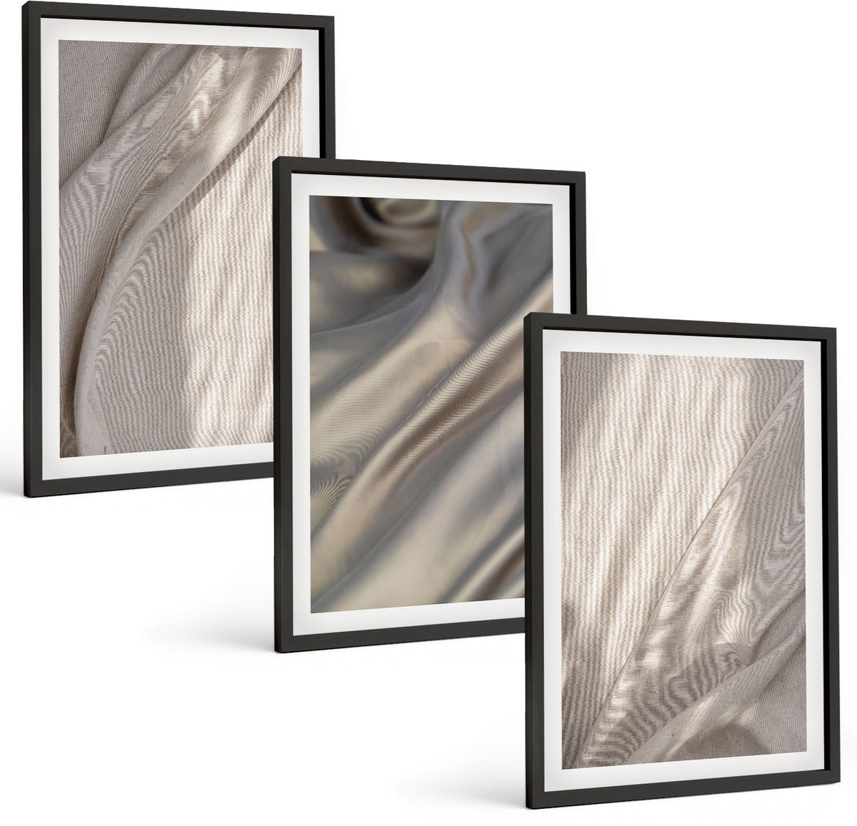Coloray 3-Delige Schilderij Set - Natuurlijke Textielstructuren Van Dichtbij - Boho - 40 x 60 cm - Muurdecoratie - Wanddecoratie - Hal - Moderne Wanddecoratie Zwarte lijst