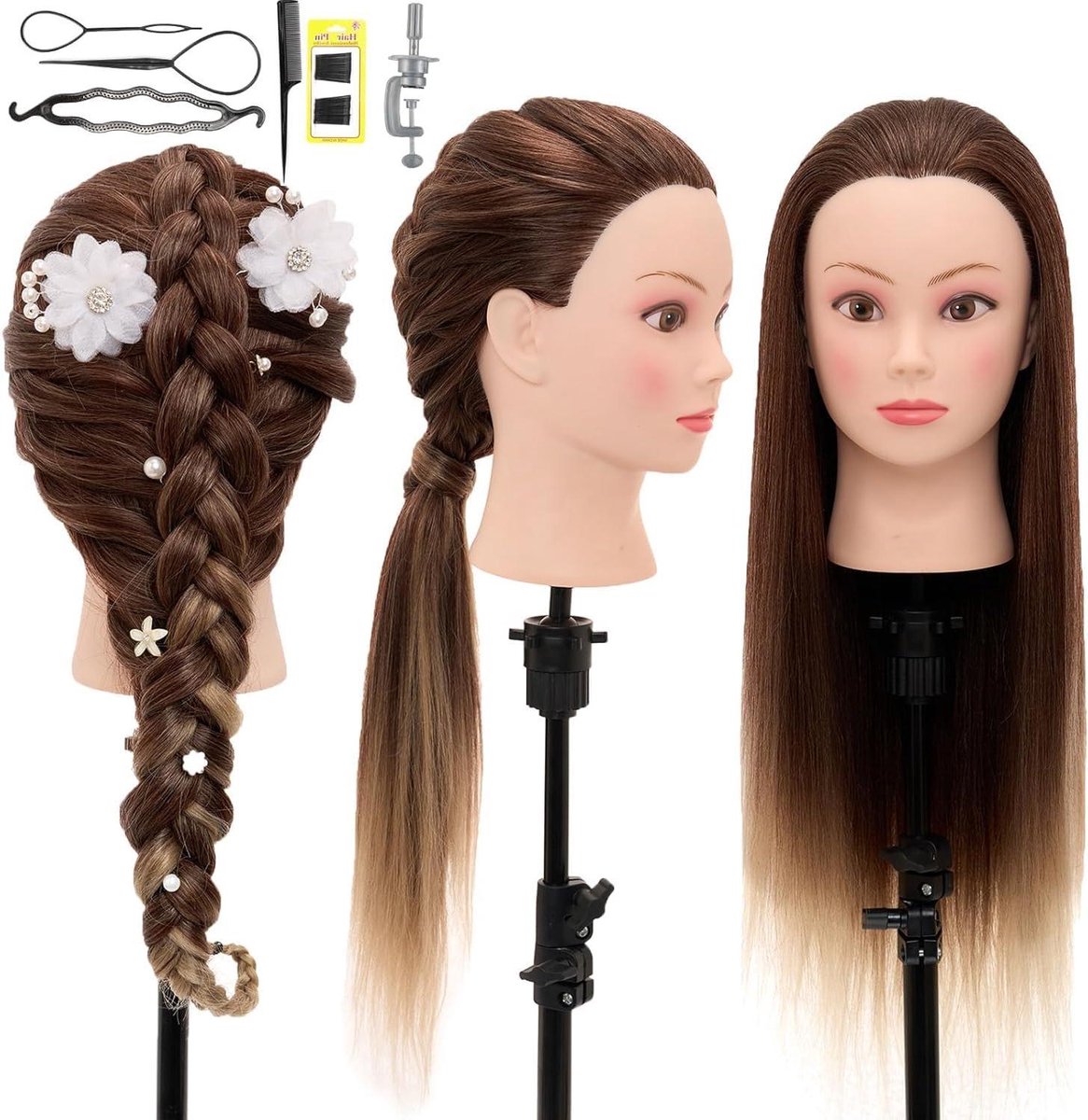 Kappershoofd Oefenhoofd - Poppenhoofd Trainingskop - Haar Stylen Leren - 100% Synthetisch Haar - 66 cm - Bruin