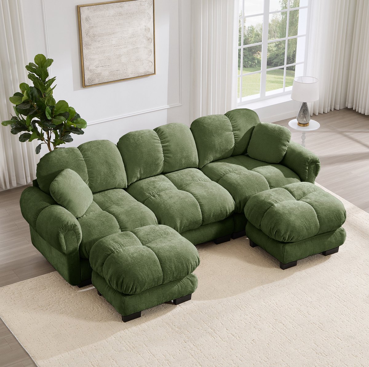 REDOM - U-bank - 3-zits - Chenille bekleding - Gekapitonneerde zitting - Met verplaatsbare ottoman en 2 sierkussens - Voor woonkamer - Stof - Groen - 260 x 149 x 90 cm