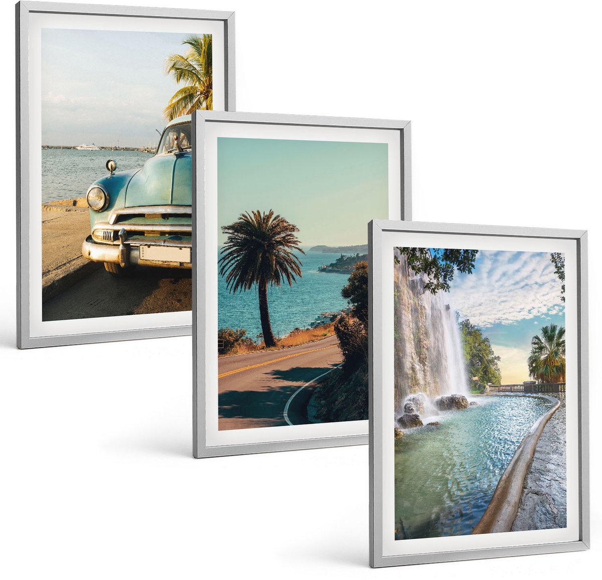Coloray 3-Delige Schilderij Set - Vakantielandschappen Met Palmbomen En Een Waterval - 40 x 60 cm - Muurdecoratie - Interieur Decoratie - Decoratieve Schilderijen