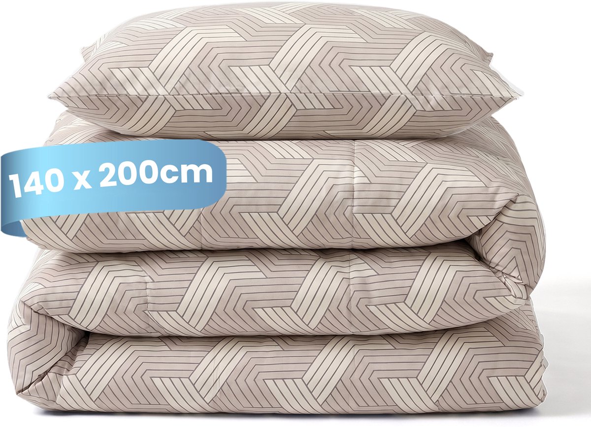 Slaapspeciaal Essential Print Geo Taupe - Dekbed zonder Overtrek - Wasbaar Dekbed - Hoesloos Dekbed - All Year Dekbed - 2 in 1 Dekbed - Incl. 1 Kussensloop - 140x200 cm