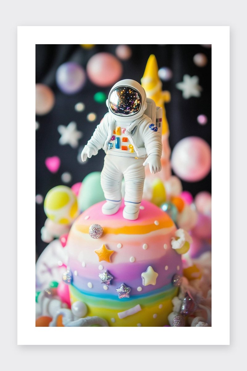 Astronaut Poster - Taart - Nagerecht - Zoet - Ruimte - Speels - Kinderkamer - Kinder - posters - formaat 30x40cm - Wanddecoratie - BXS5243BY - Met kader - passe-partouts stijl