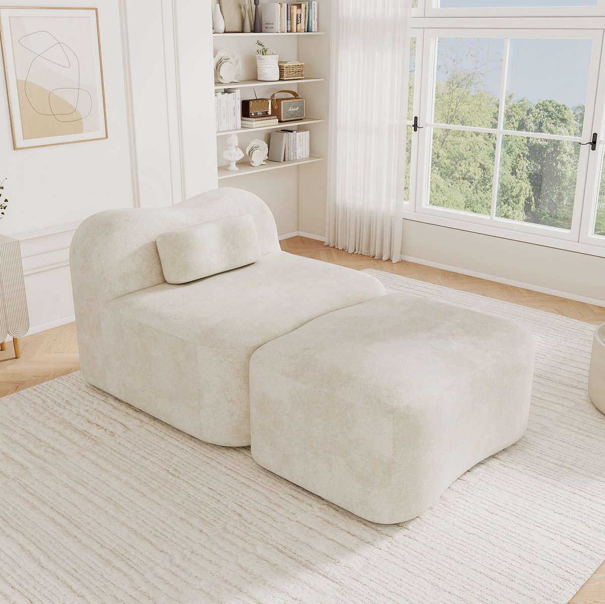 MIVRAY Zitbank 167 cm - Modulaire Bank Zonder Frame Met Verplaatsbaar Rugkussen En Ottoman - Voor Woonkamer En Appartement - Velvet Beige