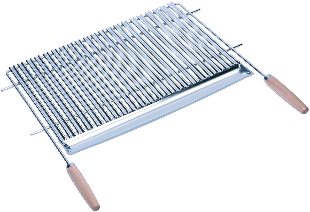 SAUVIC V-SHAPED 18/8 STAINLESS STAAL GRILL RACK 80 X 44 CM. MET HOUTEN HANDLES, Zilver, 83.5x65.5x3 cm - ShopVlot