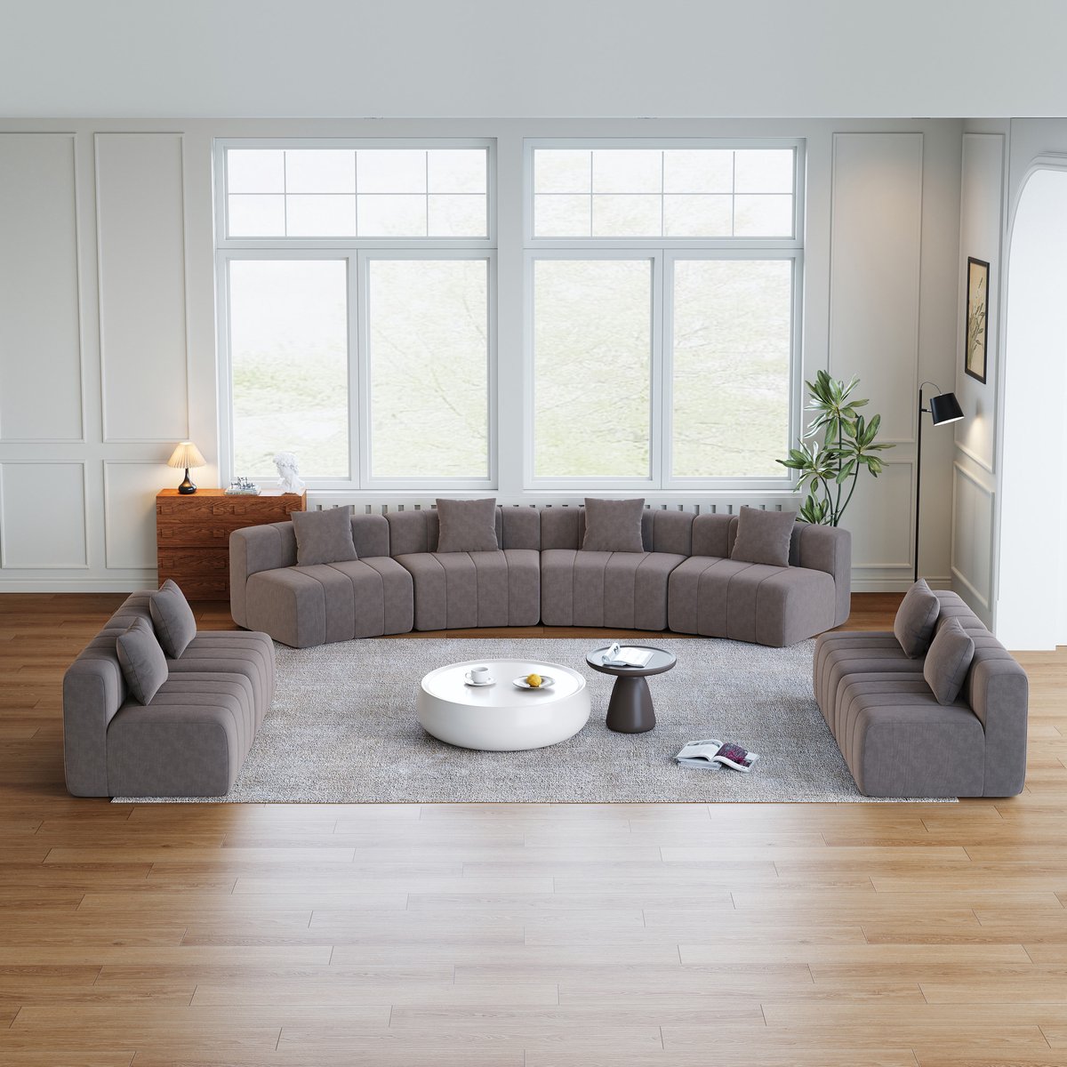 MIVRAY Bankonderdeel 388 x 83,8 x 73,6 cm - Modulair Gebogen Sofa Met 2 Kussens - Voor Woonkamer En Lounge - Chenille - Grijs