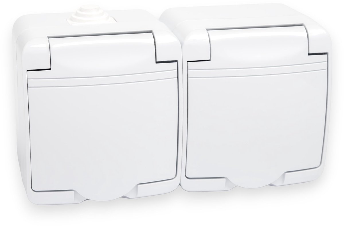 Horizontaal 2-stopcontact met klep, wit, opbouw, Schuko, IP44, 230V, 16A - ShopVlot