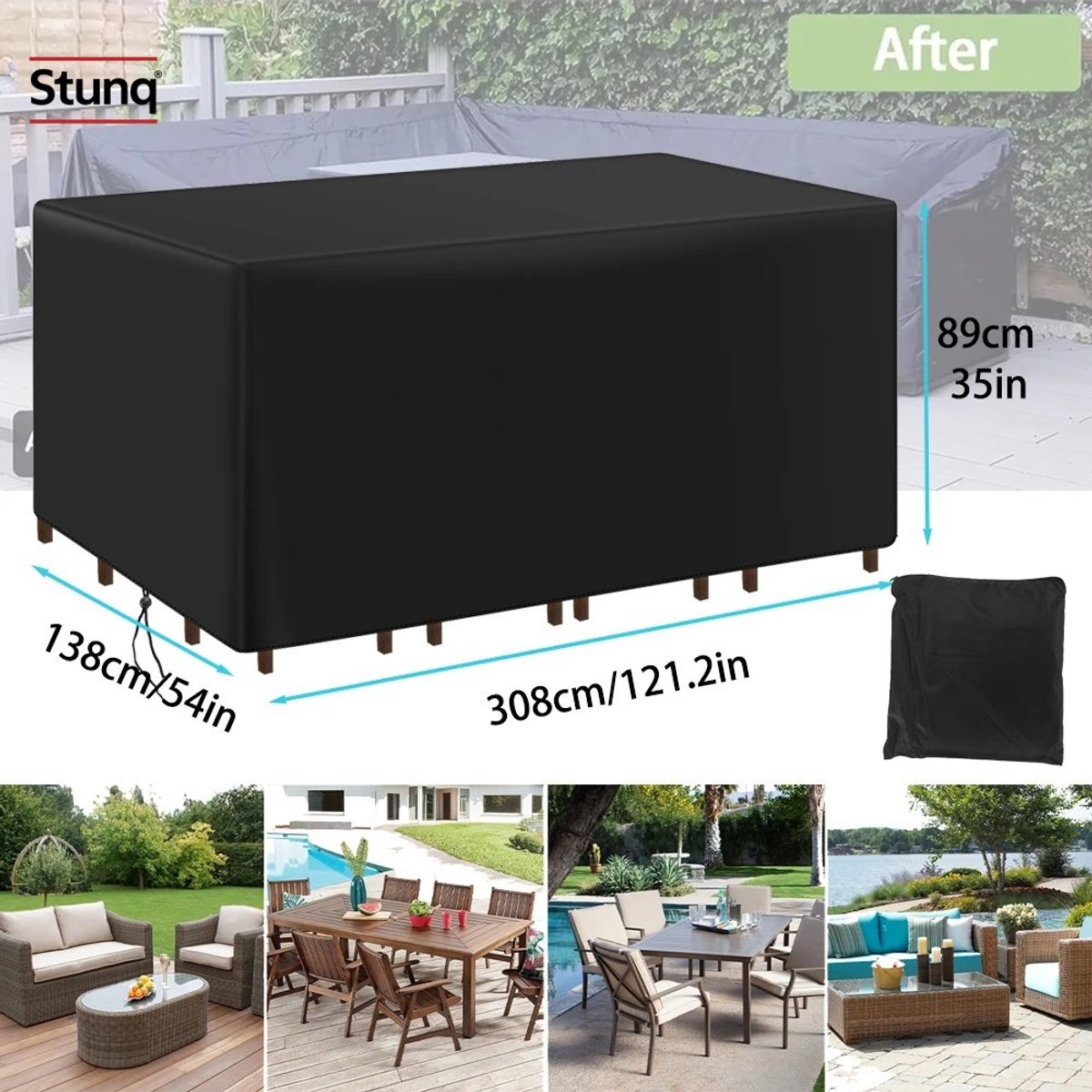 Stunq Outdoor Afdekhoes voor Tuinmeubels 308x138x89 cm - Waterdicht & Anti-UV Zwart