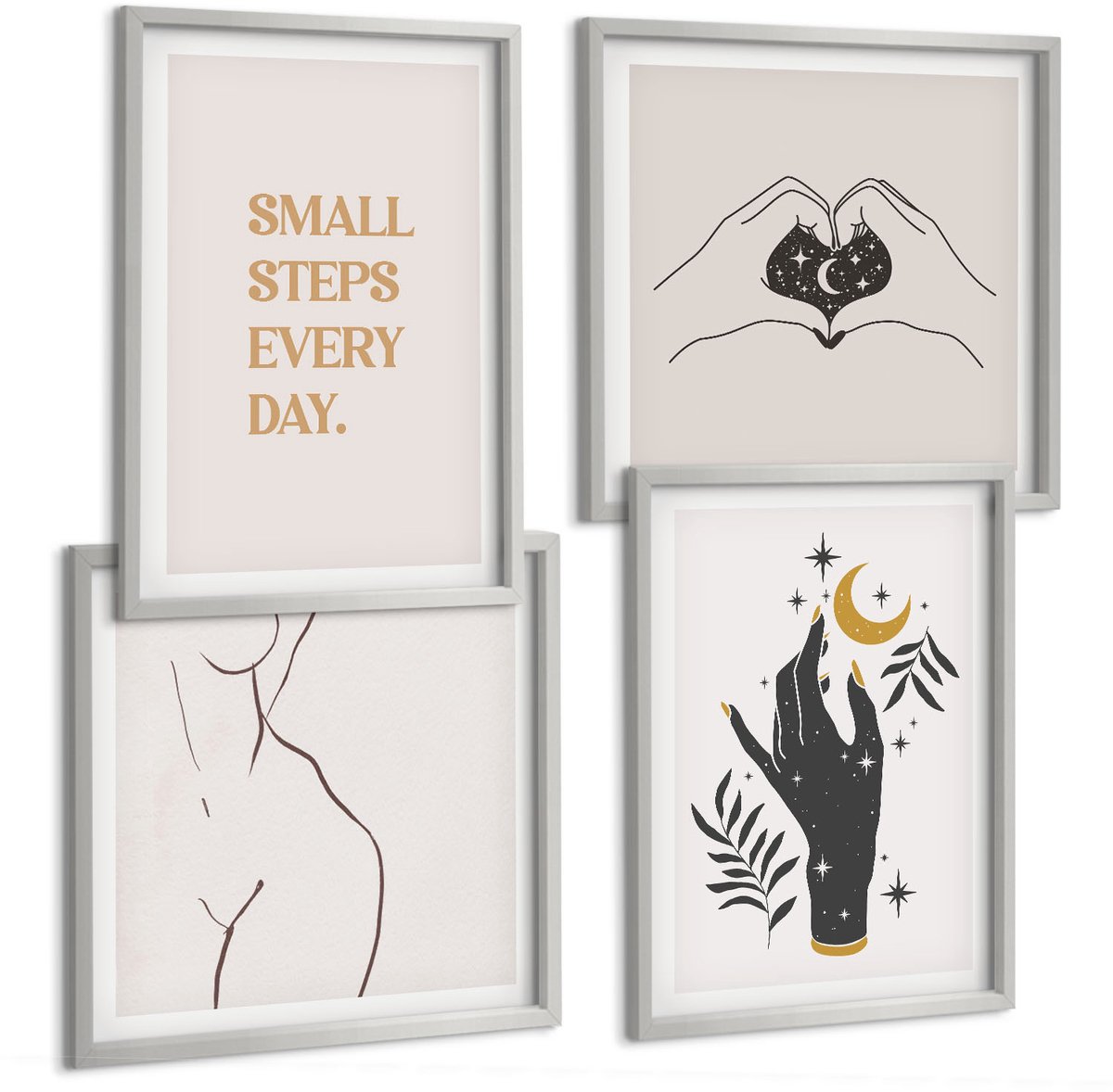 Coloray 4-Delige Schilderij Set - Minimalistische Illustraties Die Boho-Tekst Inspireren - 40 x 40 cm En 40 x 60 cm - Decoratieve Muurdecoratie - Slaapkamer - Interieur Decoratie