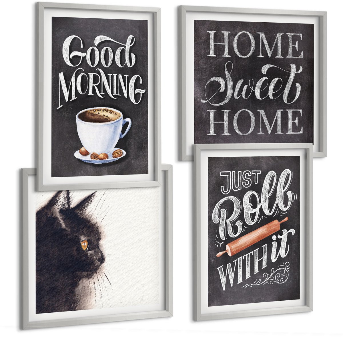 Coloray 4-Delige Schilderij Set - Home Keuken Motieven Kat Schoolbord Lettering - 40 x 40 cm En 40 x 60 cm - Schilderijen Set - Wanddecoratie - Woonkamer - Interieur Decoratie