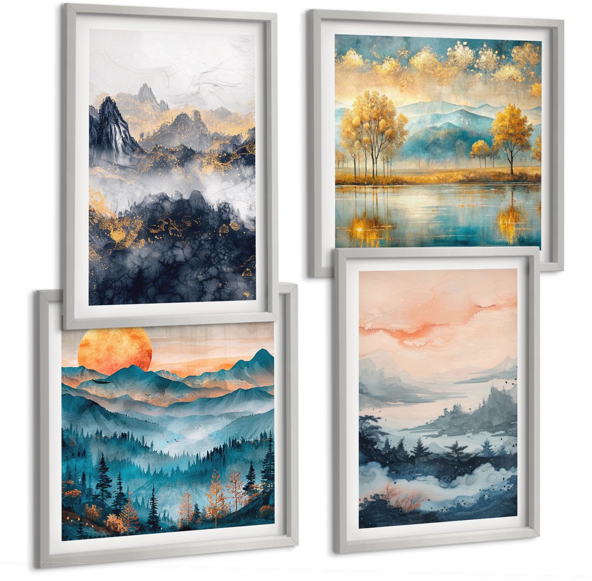 Coloray 4-Delige Schilderij Set - Abstracte, Geschilderde Natuurgezichten - 40 x 40 cm En 40 x 60 cm - Stijlvolle Muurdecoratie - Kantoor