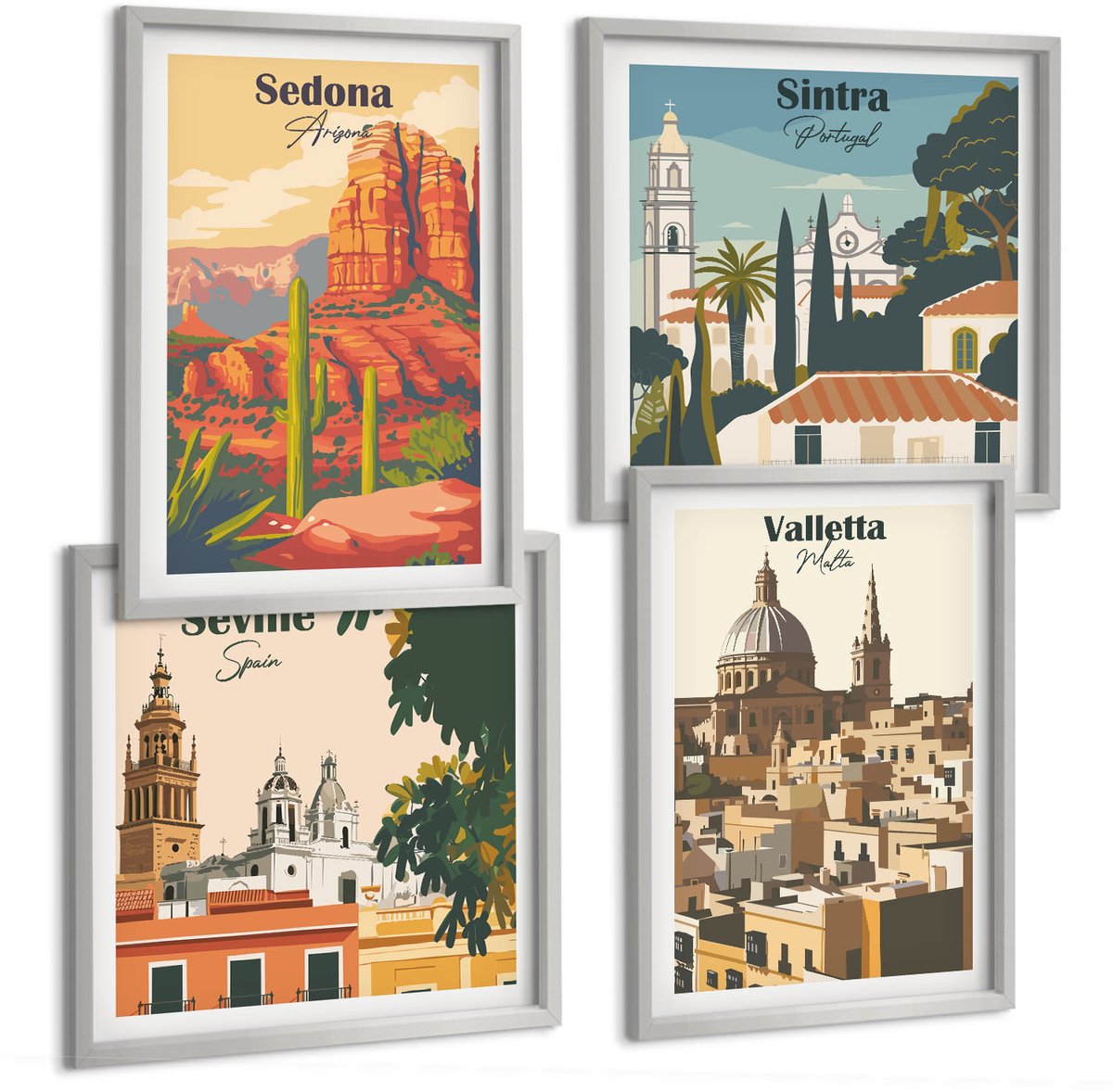 Coloray 4-Delige Schilderij Set - Retro-Stijl Stadsgezichten Sedona Sintra Sevilla Valletta - 40 x 40 cm En 40 x 60 cm - Decoratieve Schilderijen - Wanddecoratie - Hal - Interieur Decoratie