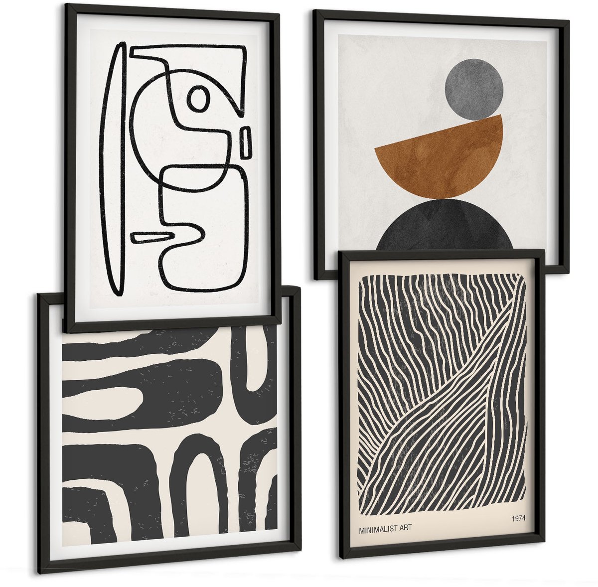 Coloray 4-Delige Schilderij Set - Abstracte Patronen Met Lijnen En Texturen Op Een Lichte Achtergrond. - 40 x 40 cm En 40 x 60 cm - Moderne Wanddecoratie - Slaapkamer - Stijlvolle Muurdecoratie Zwarte lijst