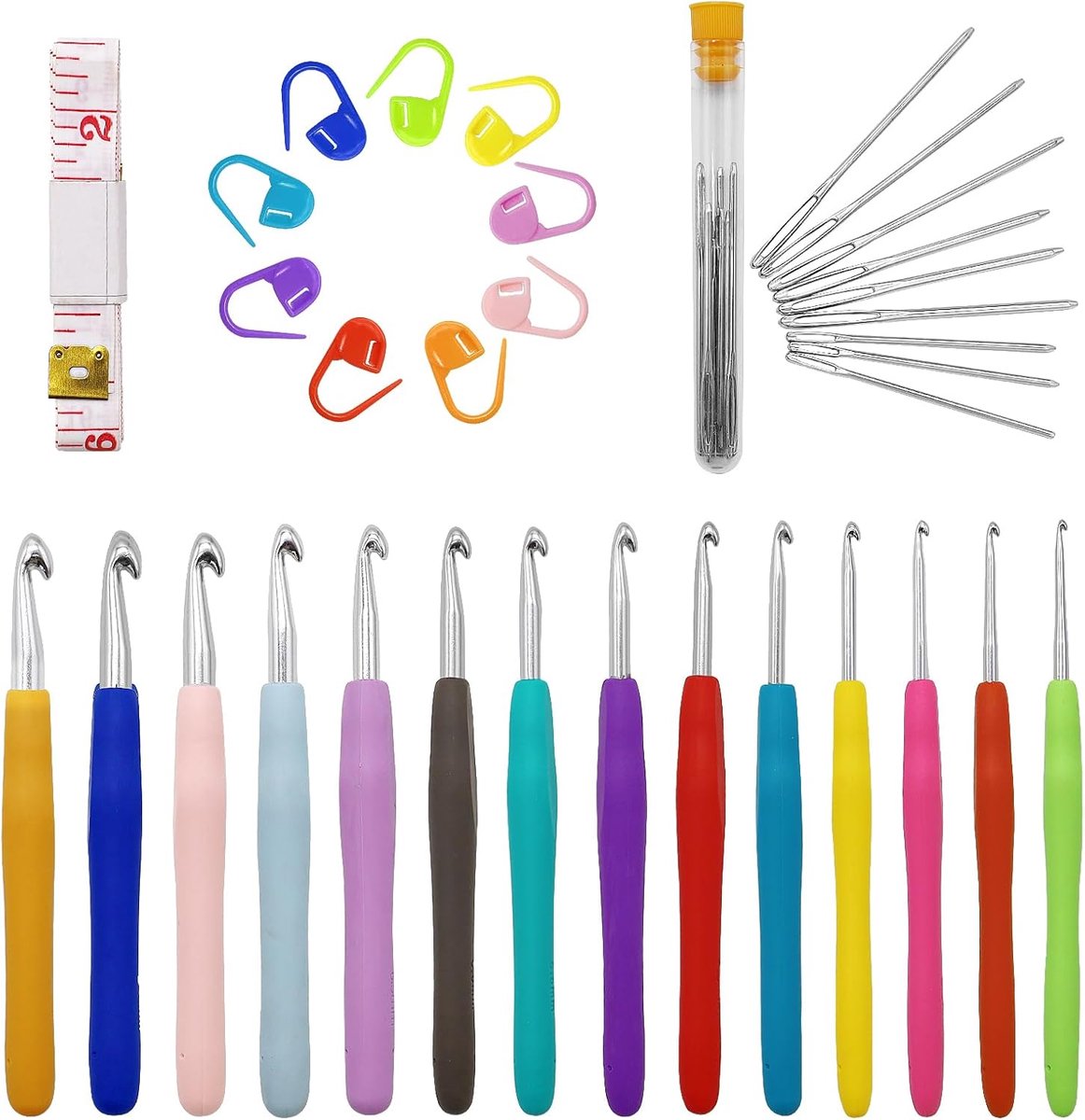 Haaknaalden Set Volledig Grootte, 44 Delen Haakset voor Beginners met Accessoires, Ergonomische Zachte Rubberen Haaknaalden (2.0mm-10.0mm)