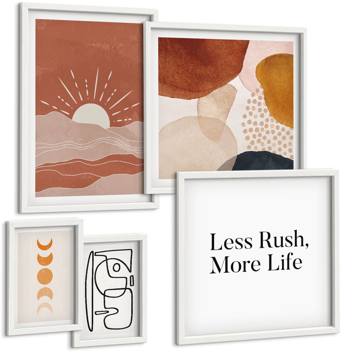 Coloray 5-Delige Schilderij Set - Stijlvolle Afbeeldingen Met Abstracte Vormen En De Zon. - 50 x 50 cm, 20 x 30 cm En 40 x 60 cm - Wanddecoratie - Muurdecoratie - Moderne Interieurdecoratie