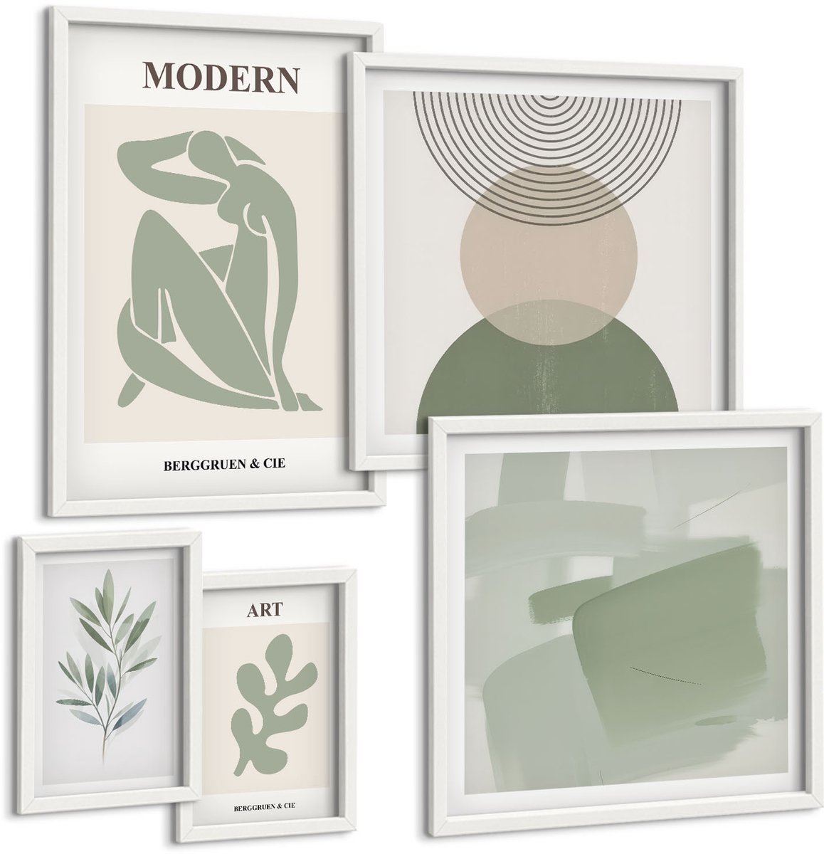 Coloray 5-Delige Schilderij Set - Moderne Stijl Met Abstracte Vormen En Plantmotieven. - 50 x 50 cm, 20 x 30 cm En 40 x 60 cm - Wanddecoratie - Muurdecoratie - Moderne Interieurdecoratie - Interieur Decoratie