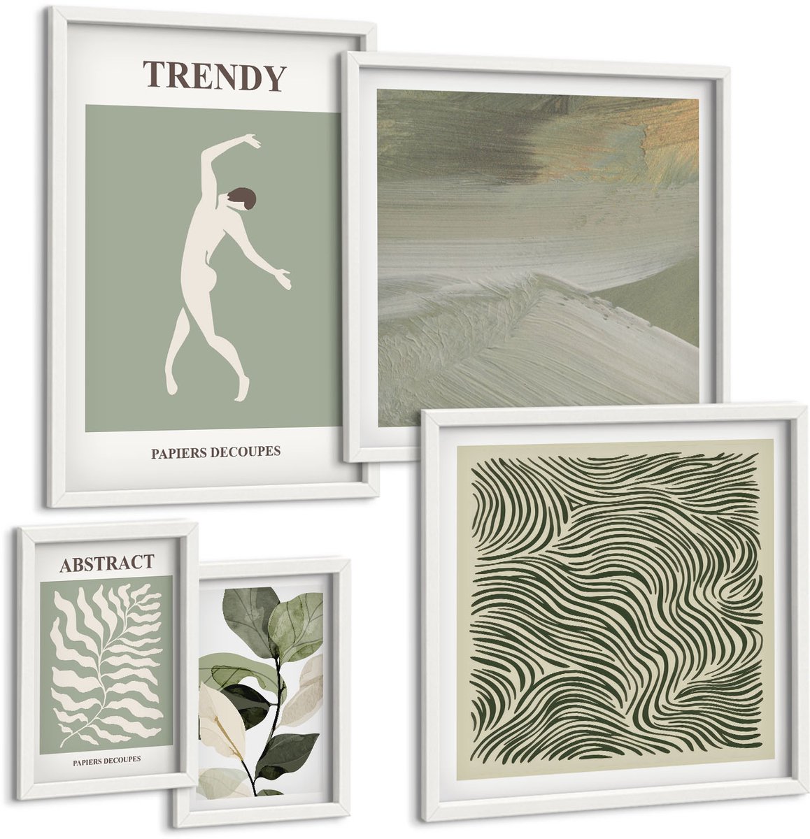 Coloray 5-Delige Schilderij Set - Stijlvolle Afbeeldingen Met Abstracte Plantmotieven - 50 x 50 cm, 20 x 30 cm En 40 x 60 cm - Moderne Wanddecoratie - Woonkamer