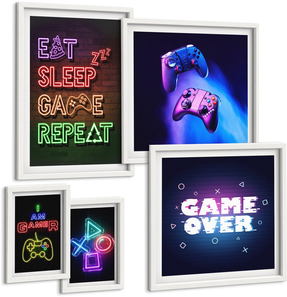 Coloray 5-Delige Schilderij Set - Neon Computerspelthema'S Voor Enthousiaste Gamers - 50 x 50 cm, 20 x 30 cm En 40 x 60 cm - Stijlvolle Muurdecoratie - Slaapkamer - Decoratieve Schilderijen Witte lijst