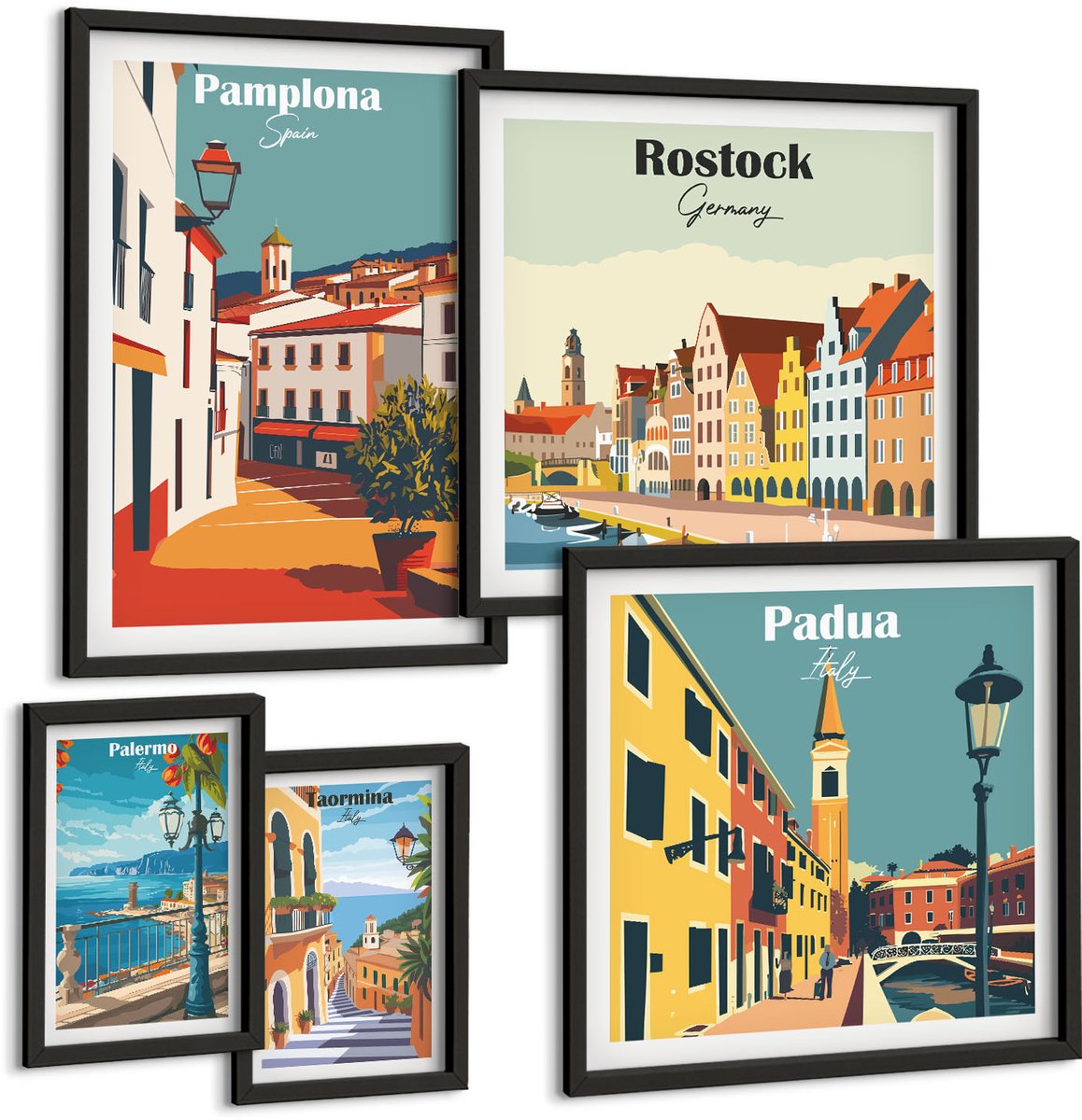 Coloray 5-Delige Schilderij Set - Schilderachtige Uitzichten En Architectuur Van Europese Steden - 50 x 50 cm, 20 x 30 cm En 40 x 60 cm - Muurdecoratie - Wanddecoratie - Slaapkamer