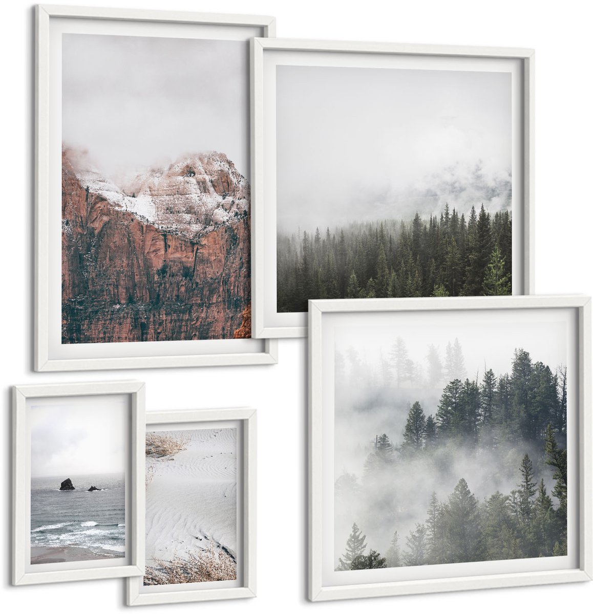 Coloray 5-Delige Schilderij Set - Natuurlijke Landschappen, Bergen, Bossen En Kusten, In De Wolken. - 50 x 50 cm, 20 x 30 cm En 40 x 60 cm - Wanddecoratie - Muurdecoratie - Woonkamer