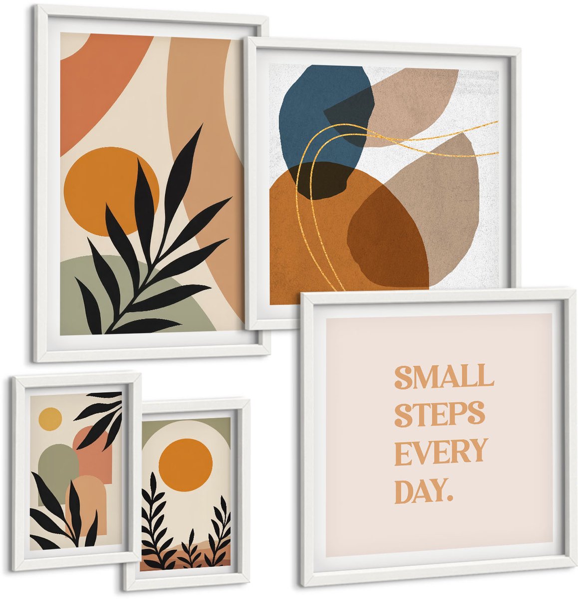 Coloray 5-Delige Schilderij Set - Stijlvolle Afbeeldingen Met Plantmotieven En Abstracte Vormen. - 50 x 50 cm, 20 x 30 cm En 40 x 60 cm - Muurdecoratie - Schilderijen Set - Woonkamer - Wanddecoratie