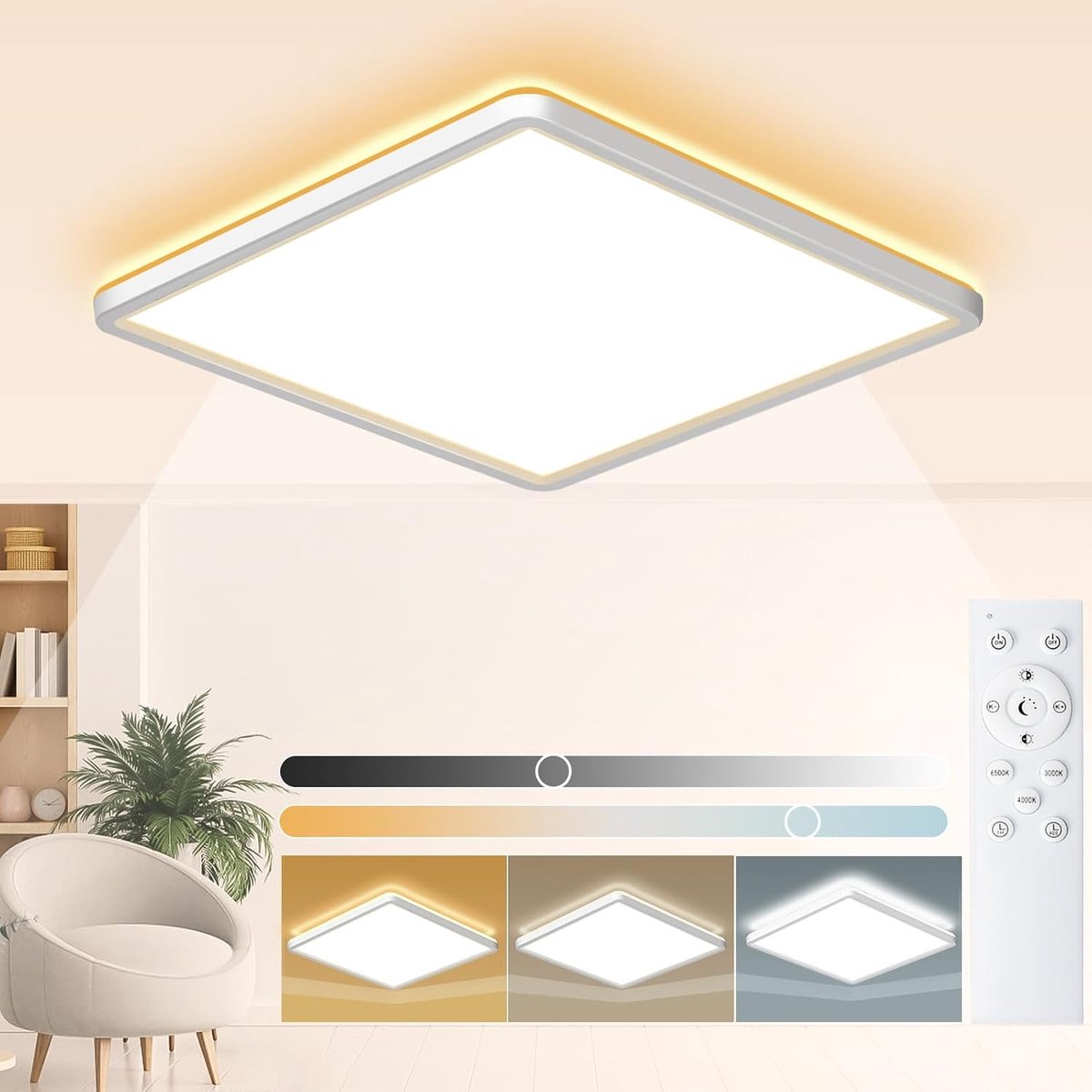 LED Plafondlamp Dimbaar 24W, 3240LM Plafondlampen met Afstandsbediening, Vierkante Paneel 3000K-6500K voor Slaapkamer Kinderkamer Woonkamer Rond Ø29cm