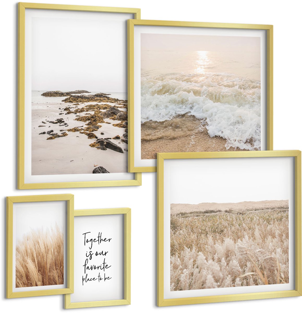 Coloray 5-Delige Schilderij Set - Natuurlijke Strandlandschappen Met Natuurthema En Citaat - 50 x 50 cm, 20 x 30 cm En 40 x 60 cm - Muurdecoratie - Decoratieve Schilderijen - Wohnzimmer - Moderne Wanddecoratie