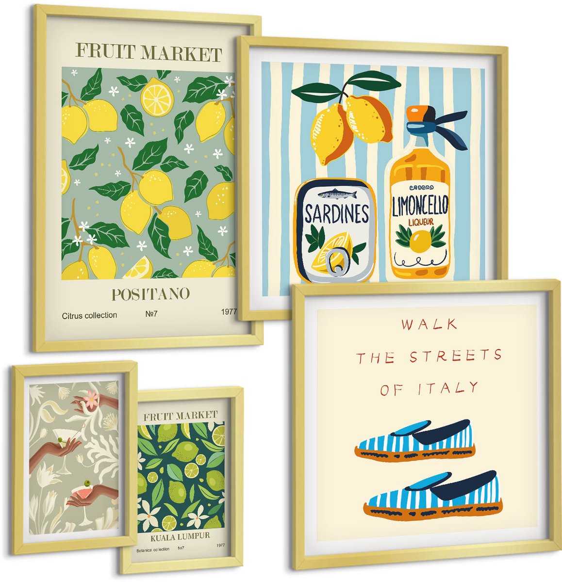 Coloray 5-Delige Schilderij Set - Fruitinspiratie Van De Vintagemarkt - 50 x 50 cm, 20 x 30 cm En 40 x 60 cm - Wanddecoratie - Schilderijen Set - Kantoor - Woonkamer Decoratie